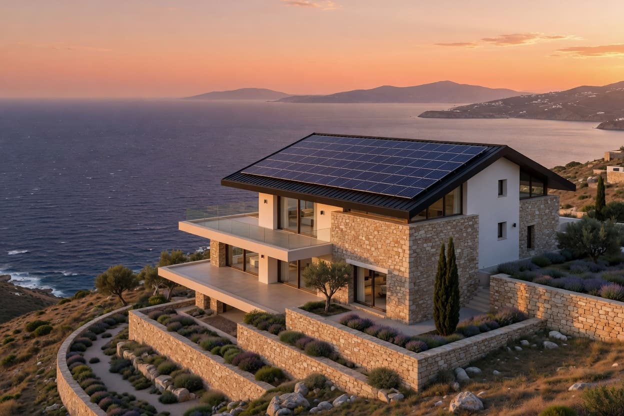 Σύγχρονη πέτρινη κατοικία με φωτοβολταϊκά στη στέγη και θέα στο Αιγαίο