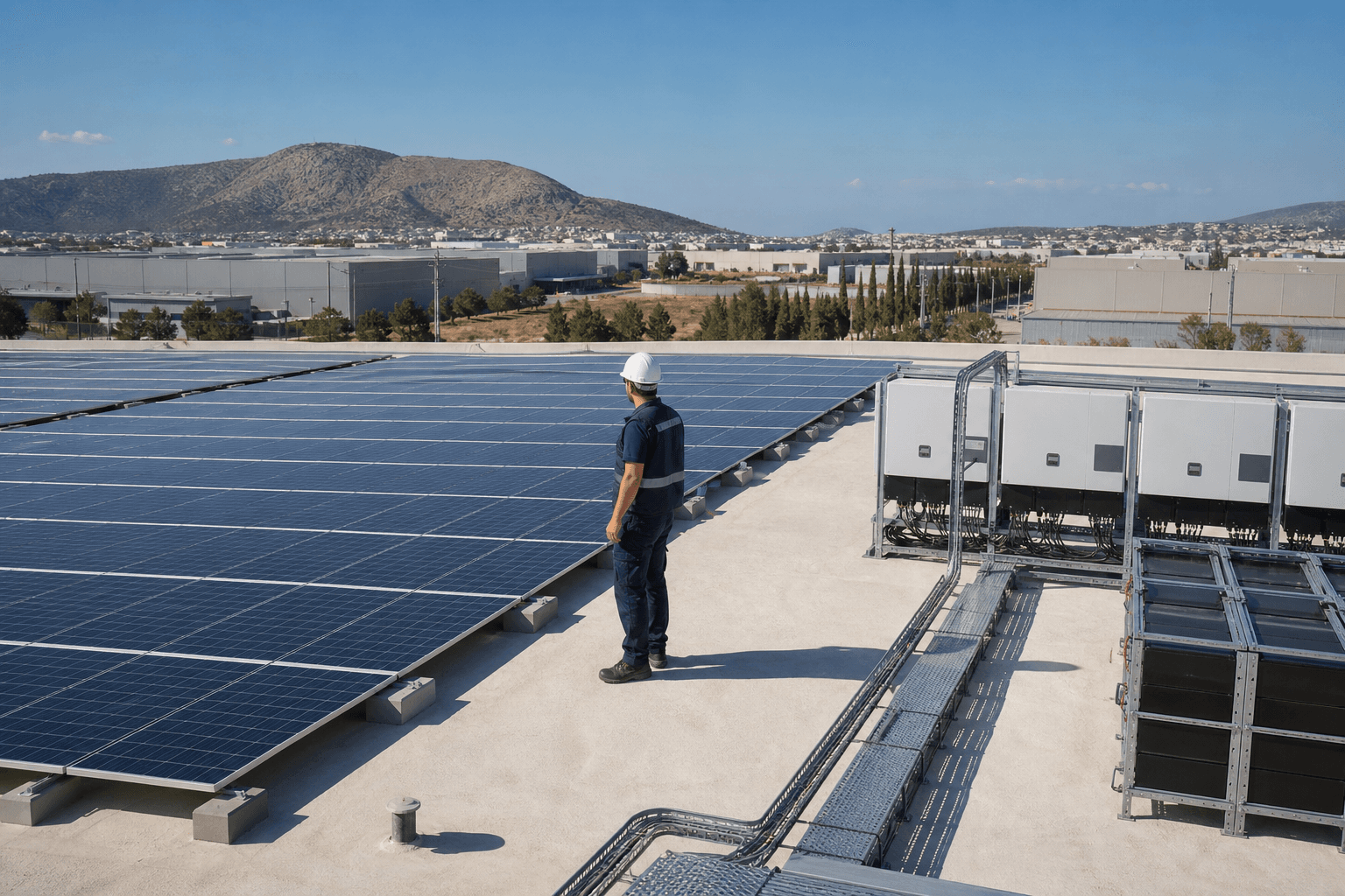 Τεχνικός επιθεωρεί φωτοβολταϊκά και μετατροπείς σε επίπεδη στέγη κέντρου logistics