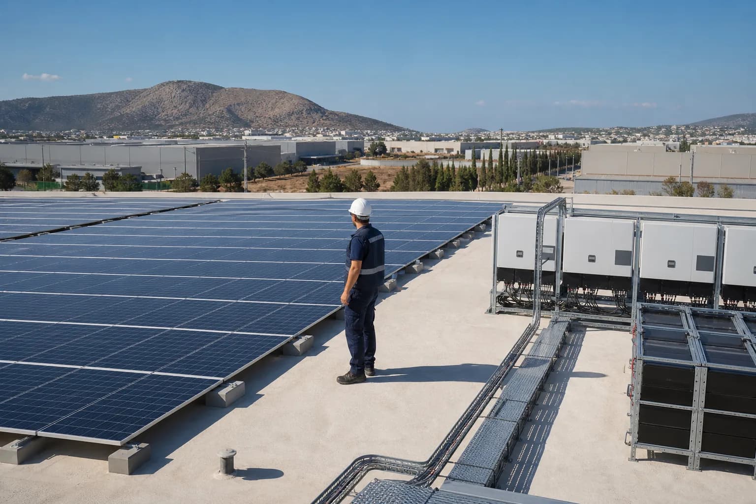 Τεχνικός επιθεωρεί φωτοβολταϊκά και μετατροπείς σε επίπεδη στέγη κέντρου logistics