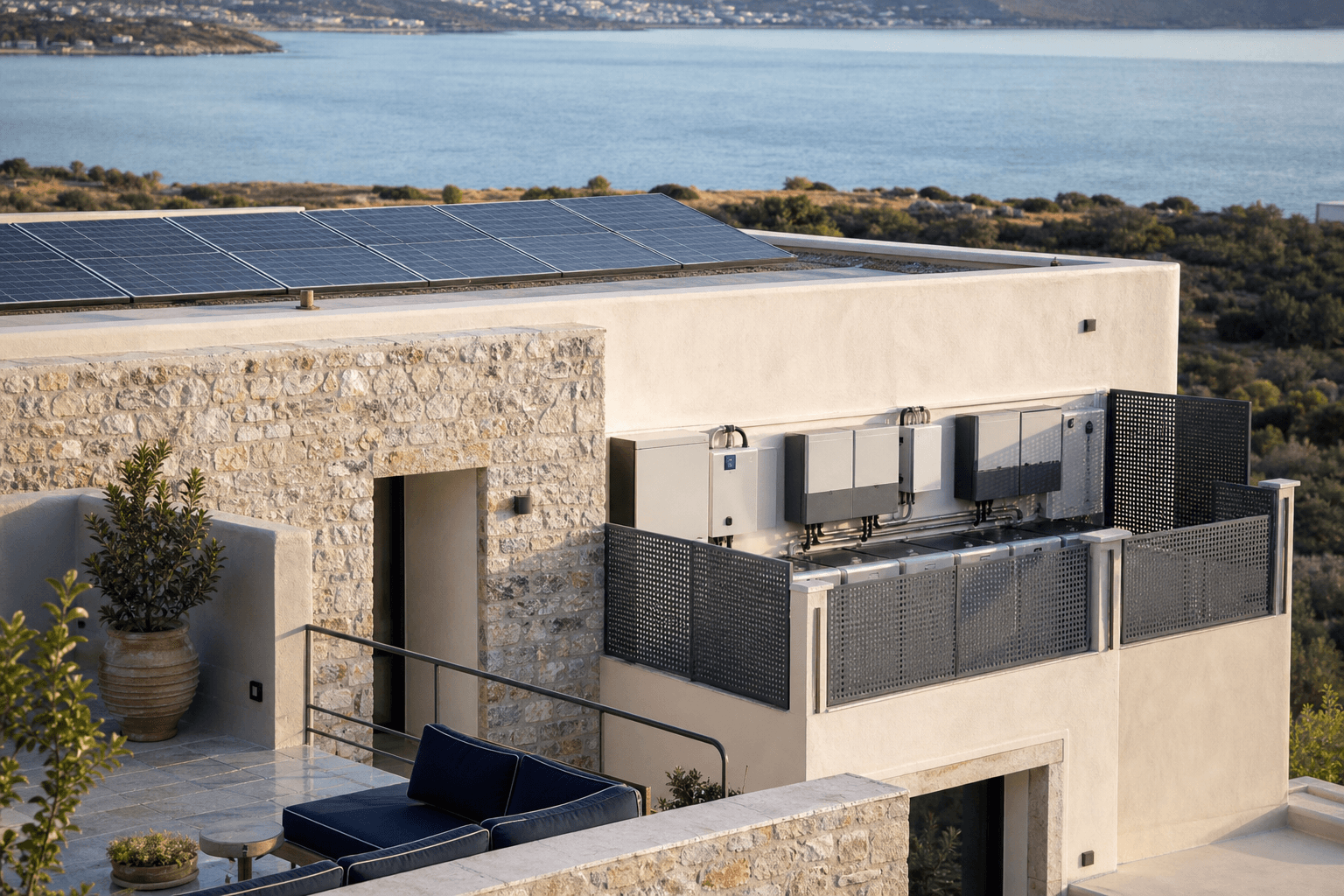 Πέτρινο κτίριο φιλοξενίας με φωτοβολταϊκά και ενεργειακό εξοπλισμό πίσω από μεταλλικό κιγκλίδωμα