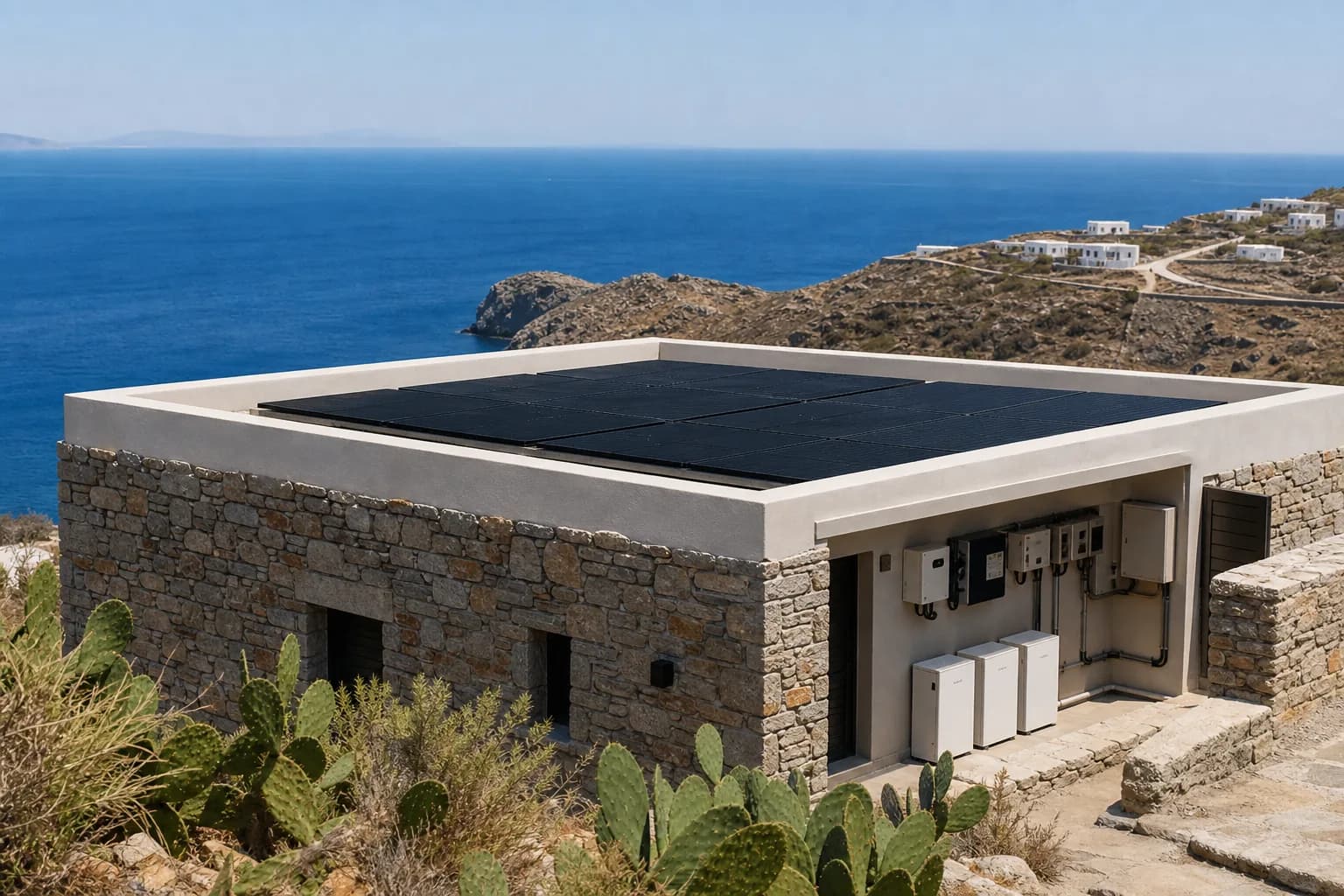 Πέτρινη νησιωτική κατοικία με επίπεδη φωτοβολταϊκή οροφή και εξωτερικές μονάδες ενέργειας