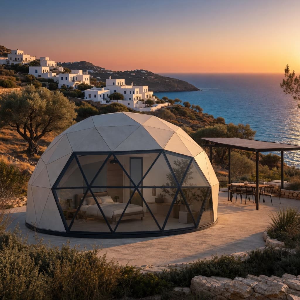 Γεωδαιτικός ενεργειακός χώρος σε κυκλαδίτικο τοπίο δίπλα σε πέτρινο μονοπάτι