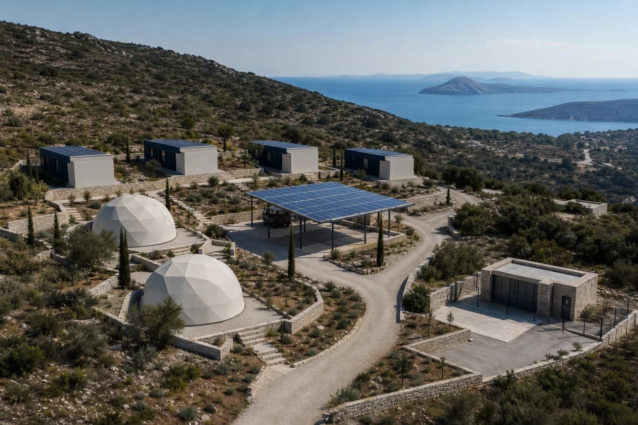 Συστάδα γεωδαιτικών και γραμμικών ενεργειακών χώρων σε νησιωτική πλαγιά με θέα στη θάλασσα