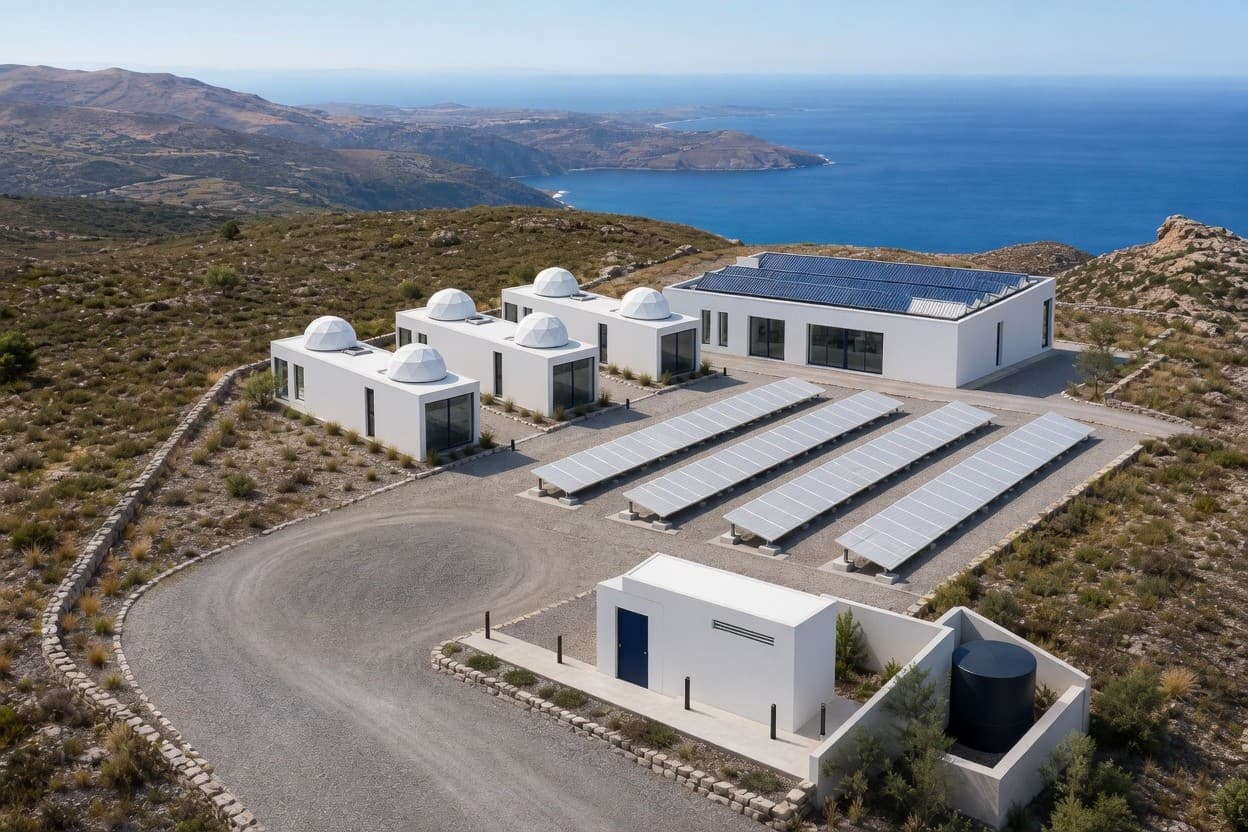 Γραμμικοί ενεργειακοί χώροι, φωτοβολταϊκό πεδίο και τεχνικό κτίριο σε λόφο με θέα στο Αιγαίο