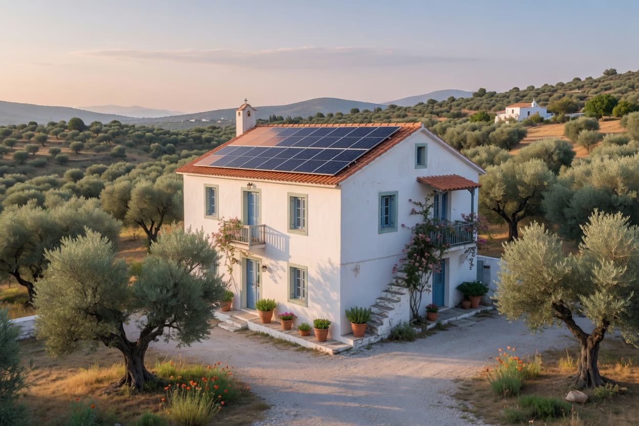 Λευκή κατοικία ανάμεσα σε ελαιόδεντρα με φωτοβολταϊκά πάνω στην κεραμοσκεπή