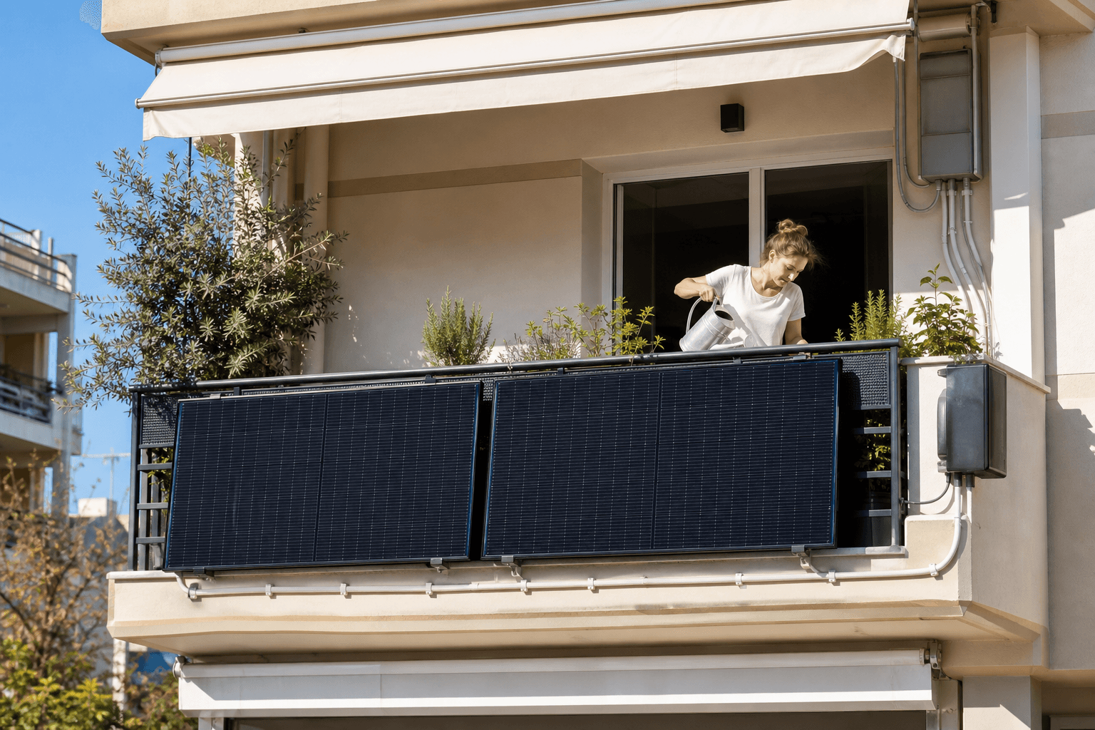 Γυναίκα ποτίζει φυτά πίσω από δύο φωτοβολταϊκά πάνελ στο κιγκλίδωμα μπαλκονιού