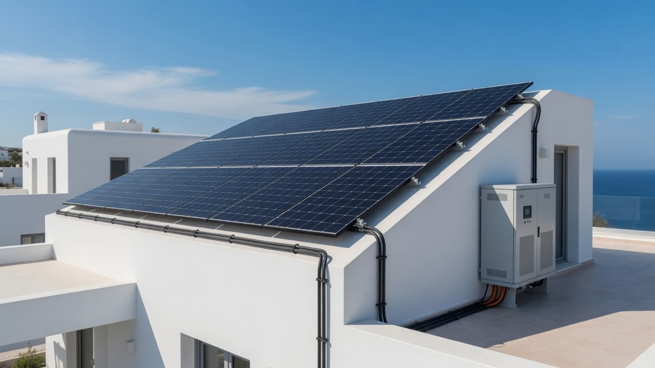 Φωτοβολταϊκή συστοιχία στέγης και αρθρωτή αποθήκευση σε σύγχρονη μεσογειακή κατοικία